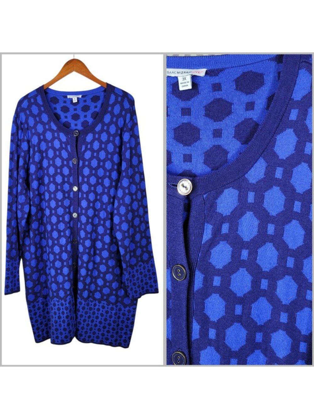 Isaac Mizrahi Medallion Long Cardigan Duster Plus 3X Understated Blue Career